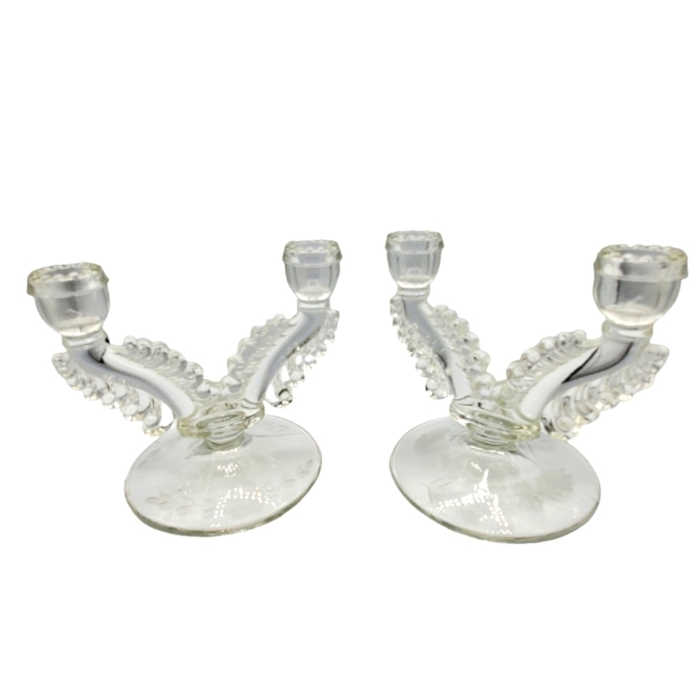 Vintage Glass‎ Candlestick Holders Set of 2 Floral Cut Candelabra